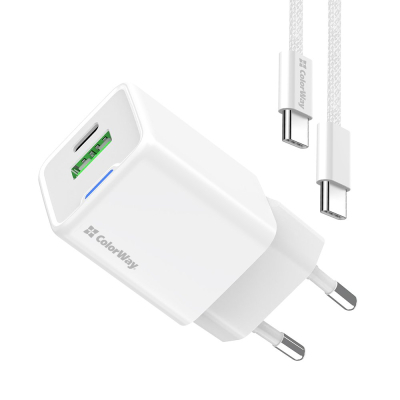 Зарядний пристрій ColorWay GaN Mini 30W PD Port PPS USB (Type-C PD + USB QC4.0) cable Type-C (CW-CHS053PDC-WT)