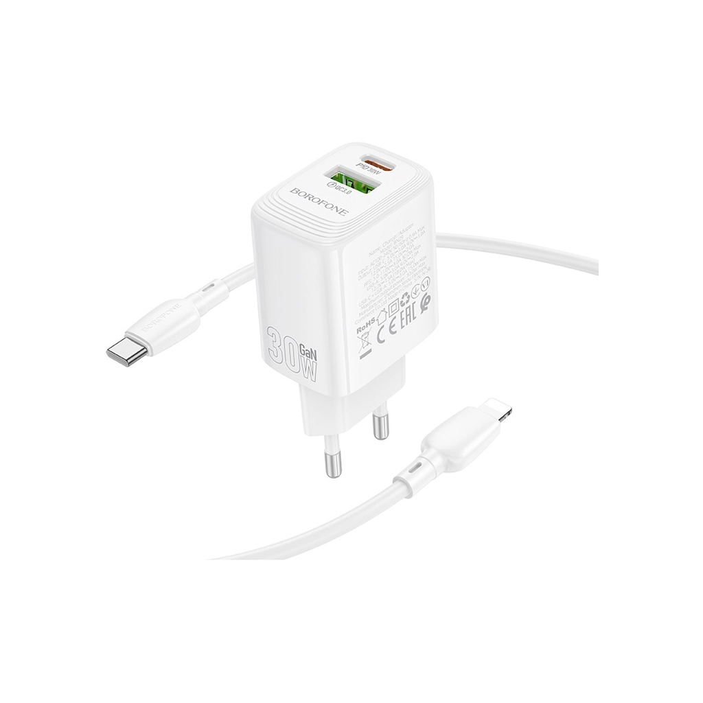 Зарядний пристрій BOROFONE BN29 Fuente 1xUSB-C PD30W + 1xUSB QC3.0 + cable USB-C to Lightning White (6941991120336)