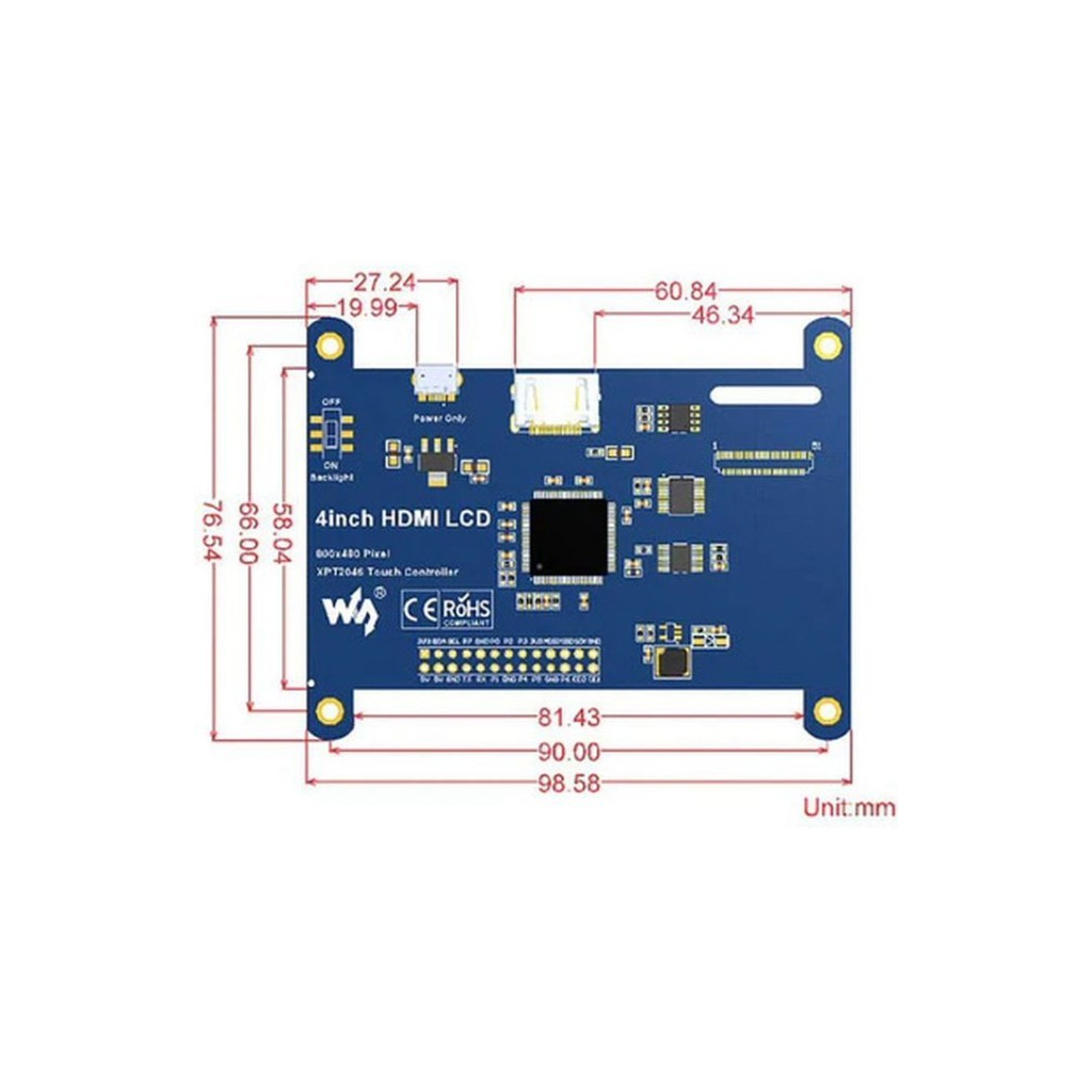 Екран для Мікро ПК Waveshare Екран Waveshare 4" 800x480 LCD IPS Resistance TS HDMI для Raspberri Pi3/4/5 WAV-12030 (RA333)