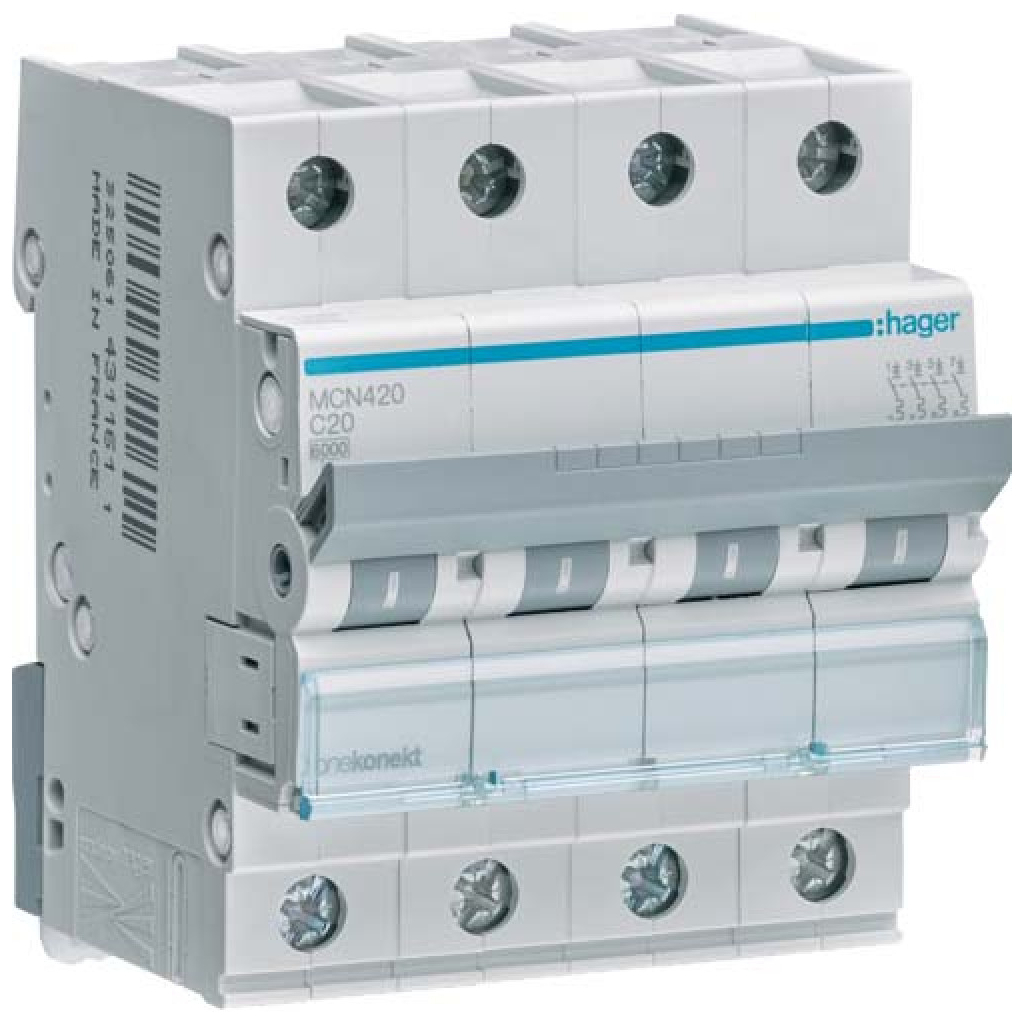 Автоматичний вимикач Hager 4-п. C 20A (6kA) 4M (B) (MCN420) Автоматичний вимикач Hager 4-п. C 20A (6kA) 4M (B) (MCN420)