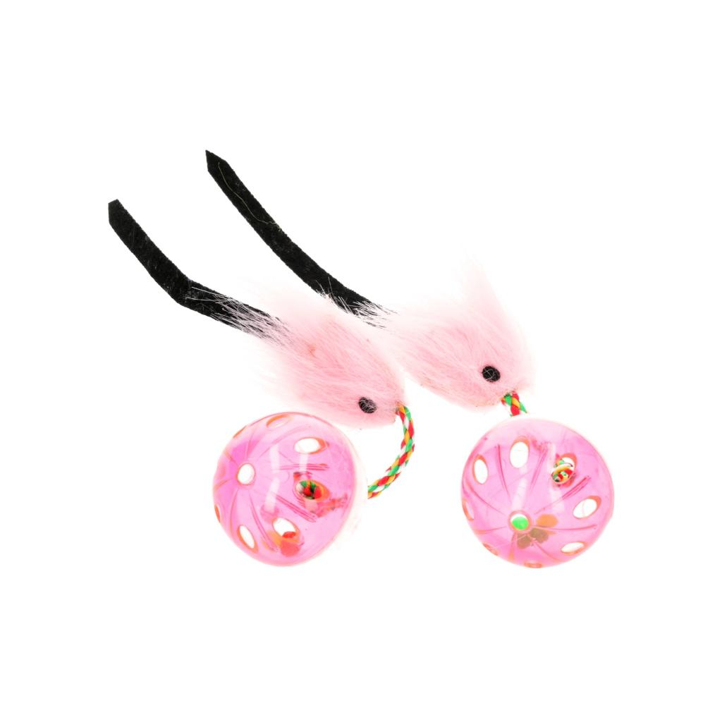 Іграшка для котів Hippie Pet М'ячики з мишкою рожеві 26 см 2 шт (HIPCT18026RO)