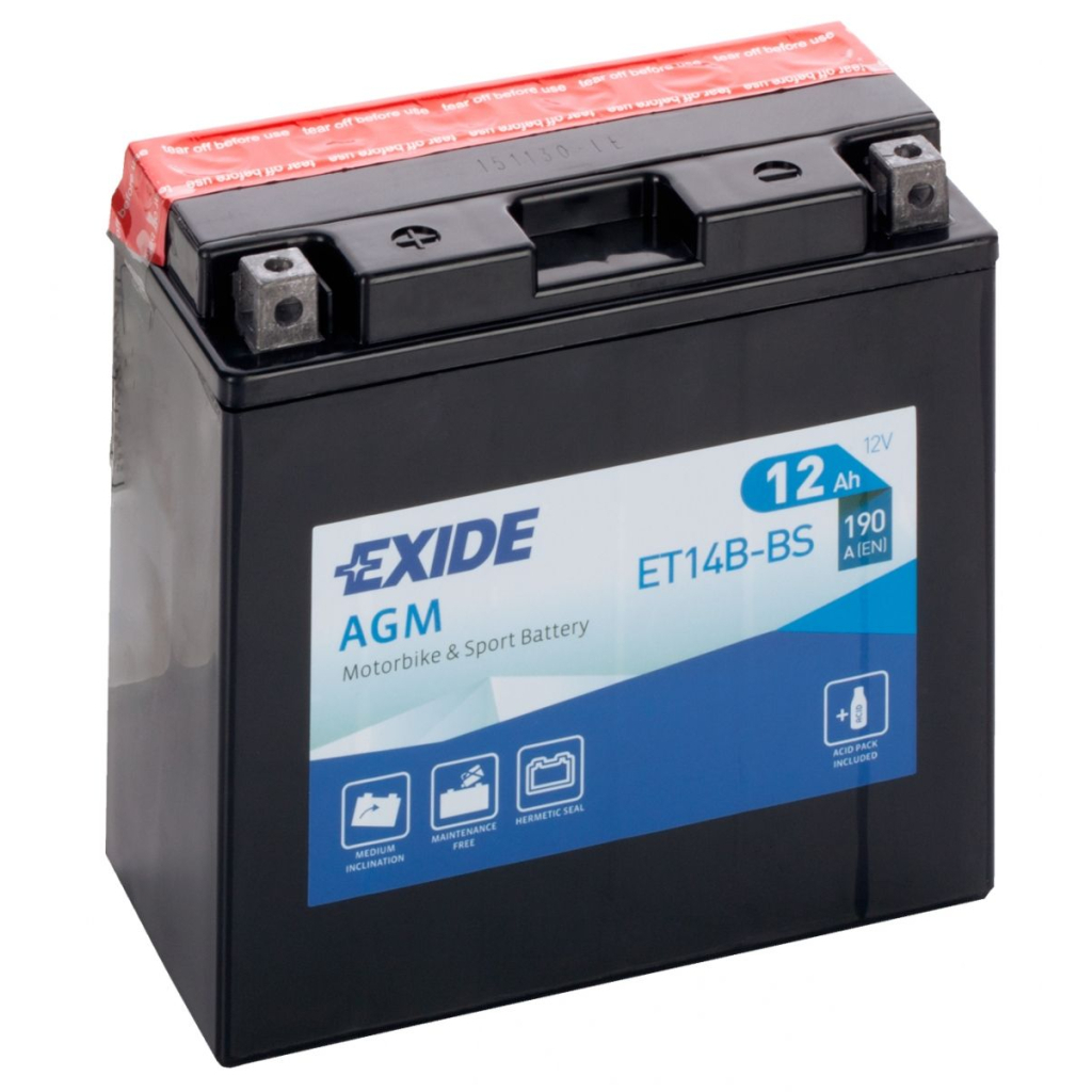 Акумулятор автомобільний EXIDE Акумулятор Мото EXIDE AGM 12Ah (+/-) (190EN) (д150*ш70*в145) ET14B-BS (ET14B-BS) Акумулятор автомобільний EXIDE Акумулятор Мото EXIDE AGM 12Ah (+/-) (190EN) (д150*ш70*в145) ET14B-BS (ET14B-BS)