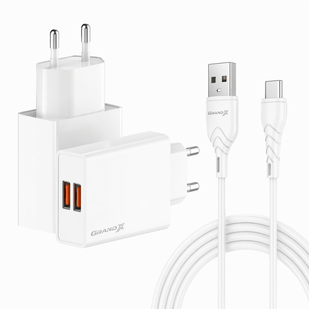 Зарядний пристрій Grand-X 2xUSB 5V 2.4A + cable USB to USB-C white (CH-15WT)