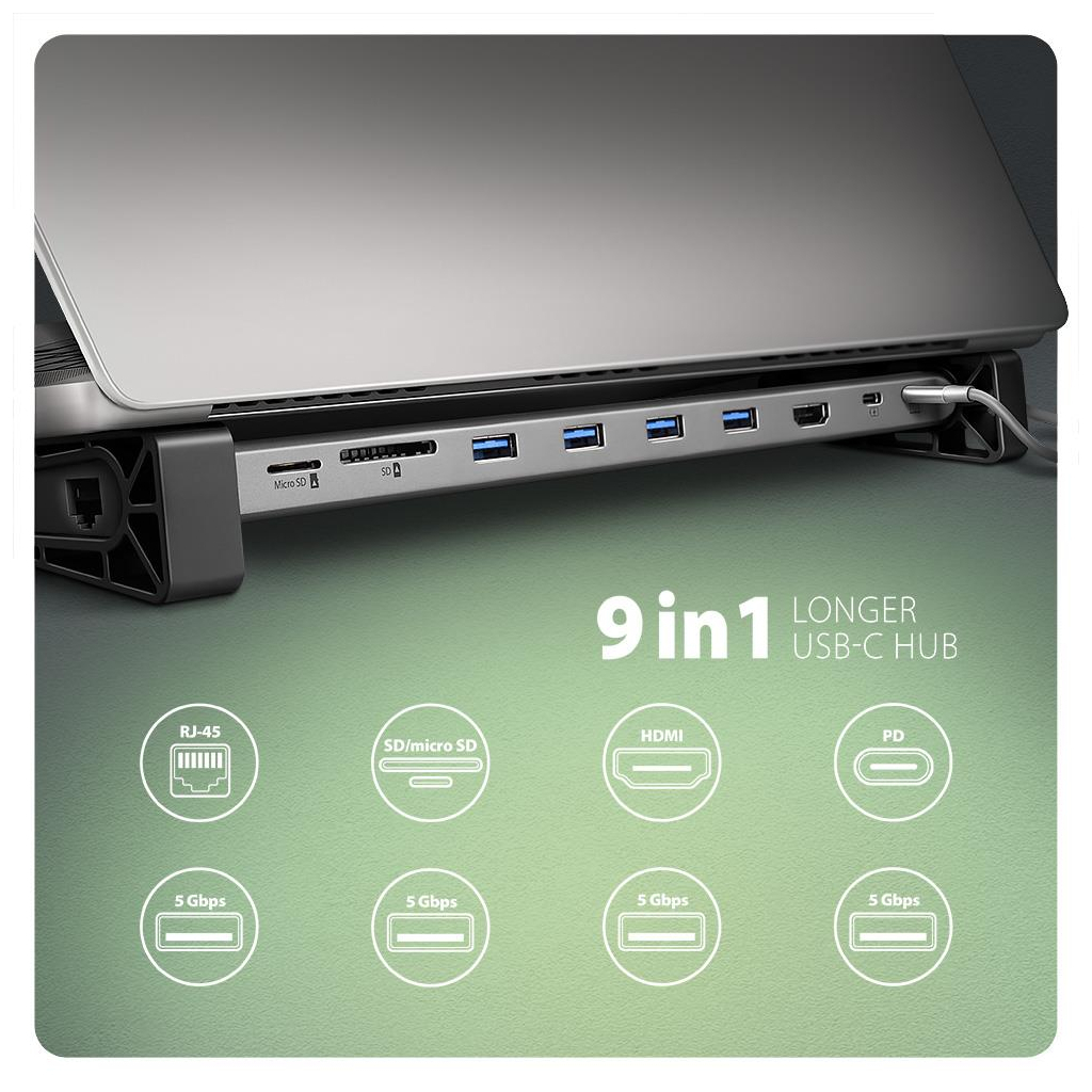Концентратор AXAGON USB-C 9-in-1 4xUSB 3.2 + 2xUSB-C + HDMI + SD/TF + RJ45 1000Mbps + PD 100W black/gray (HMC-10HLS) Концентратор AXAGON USB-C 9-in-1 4xUSB 3.2 + 2xUSB-C + HDMI + SD/TF + RJ45 1000Mbps + PD 100W black/gray (HMC-10HLS)