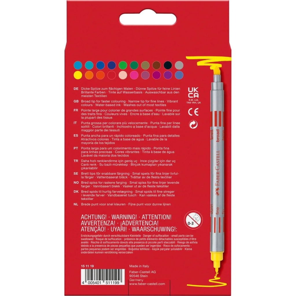 Фломастери Faber-Castell двосторонні Double-ended Fibre tip, 20 кольорів (28023)