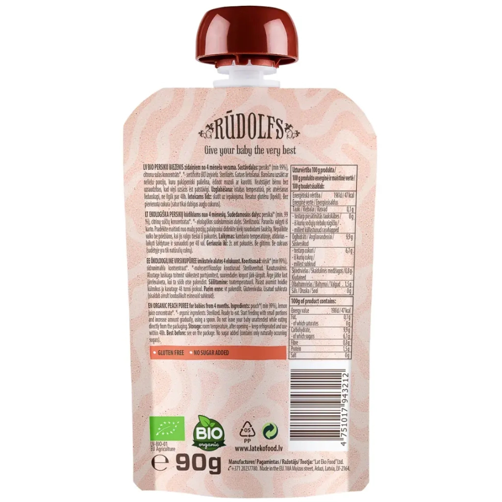 Дитяче пюре Rudolfs органічне персик 4+, 90 г (4751017943212)