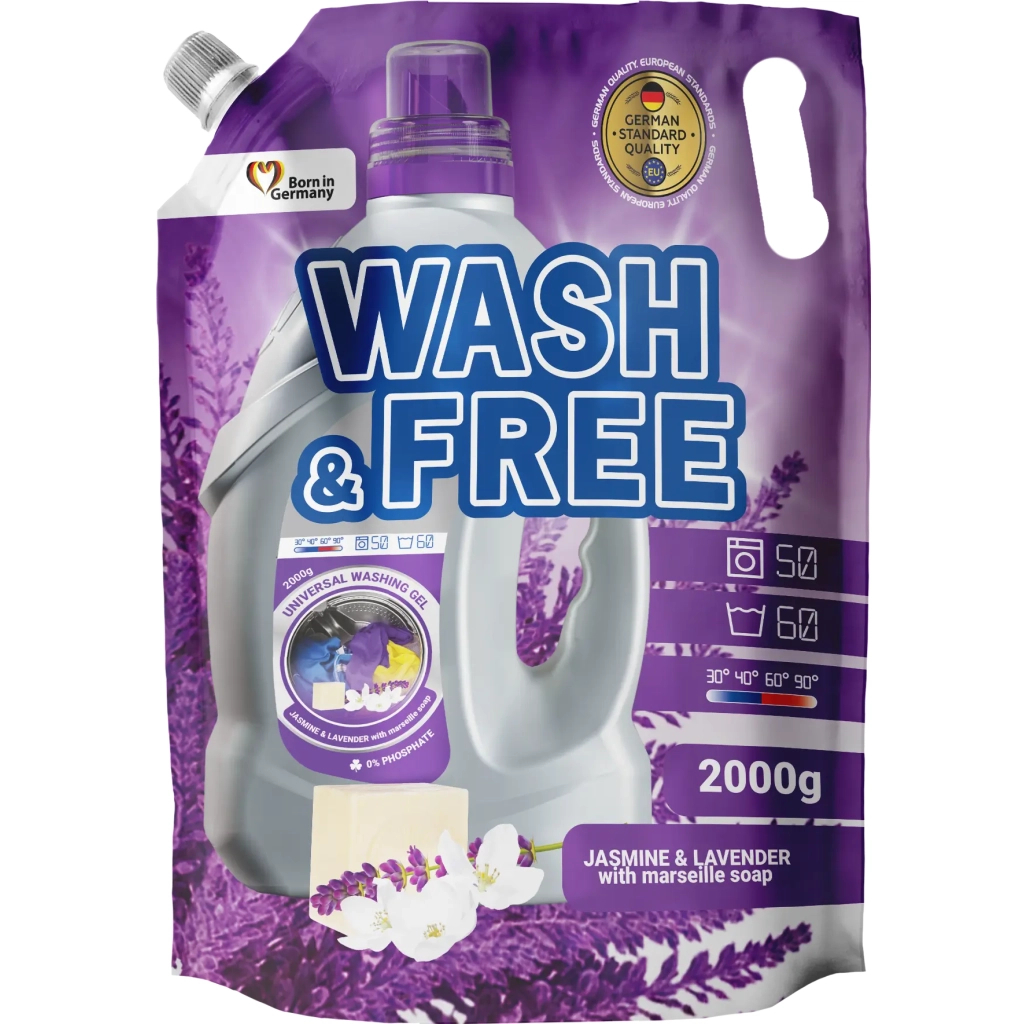 Гель для прання Wash&Free Жасмин та Лаванда з Марсельським милом Дой-пак 2 кг (4823128001430)