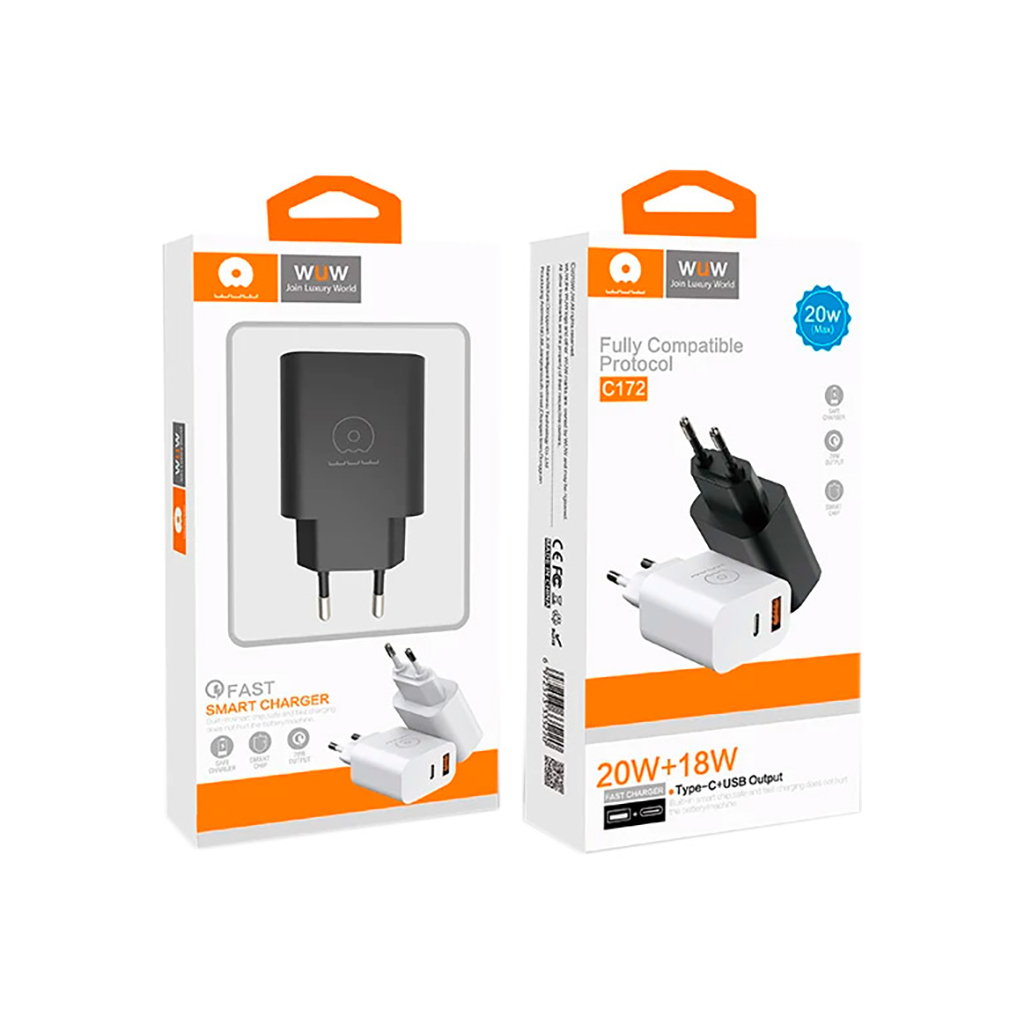 Зарядний пристрій WUW C172 1xUSB-C PD20W + 1xUSB QC3.0 18W White (с172W)