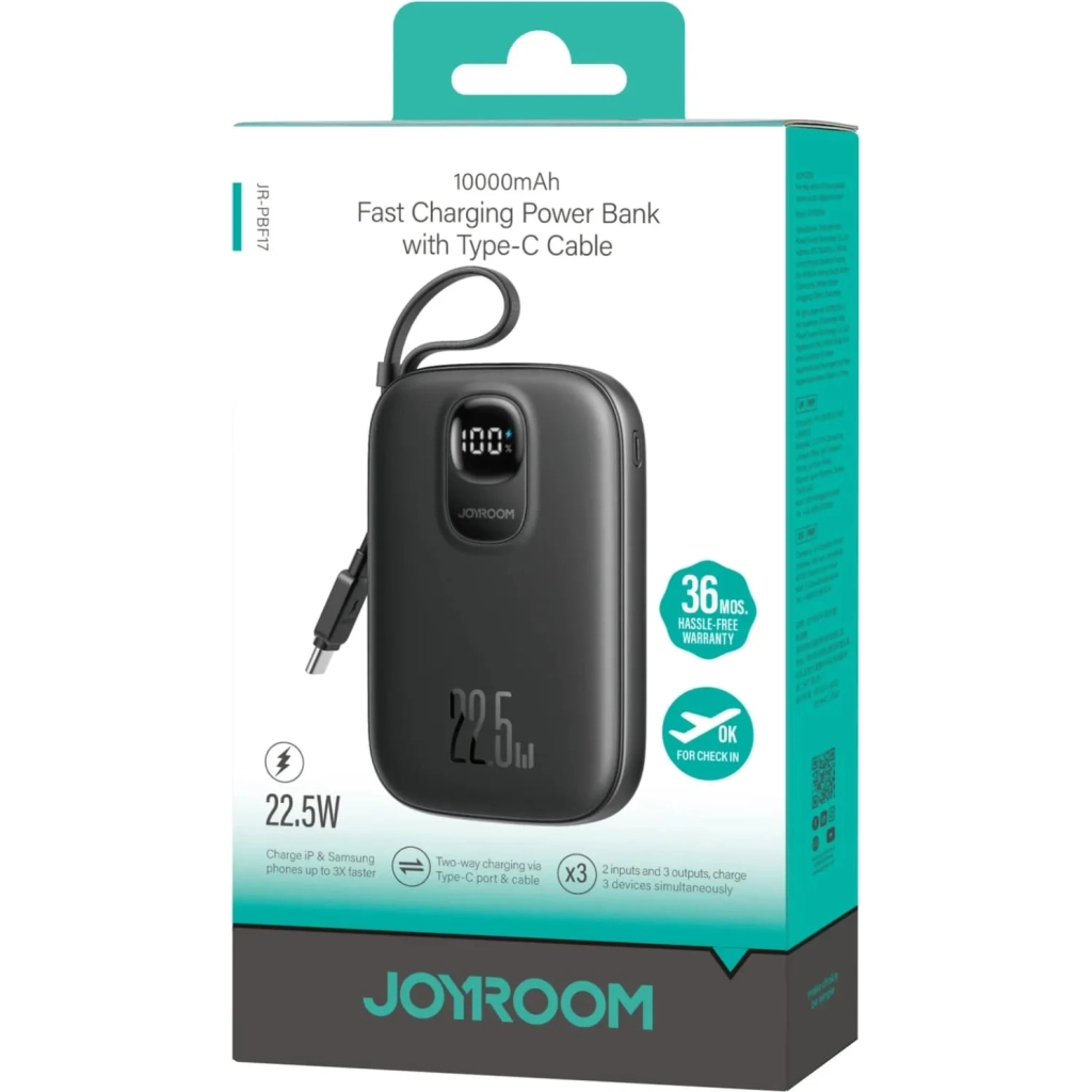 Повербанк JOYROOM 10000mAh, 22.5W, PD, QC, built-in USB-C cable, Black (JR-PBF17) Повербанк JOYROOM 10000mAh, 22.5W, PD, QC, built-in USB-C cable, Black (JR-PBF17)
