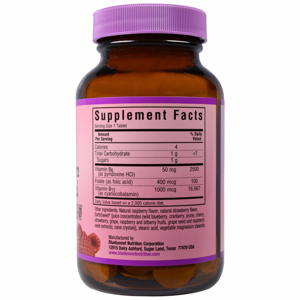 Вітамін Bluebonnet Nutrition Вітамін В6, B12 + Фолієва кислота, Смак Малини, Earth Sweet (BLB-00445)