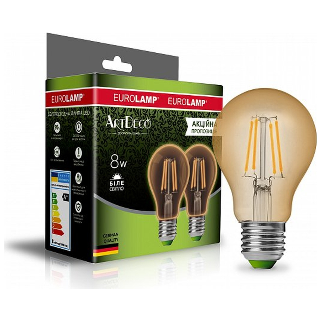 Лампочка Eurolamp LED А60 800 Lm E27 4000K 2шт (MLP-LED-A60-08274(Amber)new)