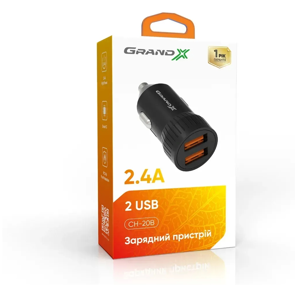 Зарядний пристрій Grand-X 1xUSB 2.4A car adapter black (CH-20B)