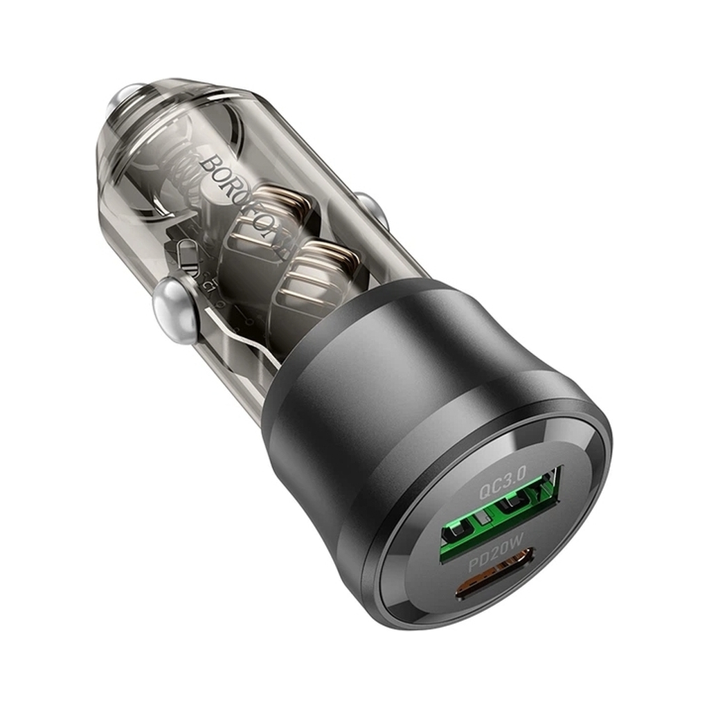 Зарядний пристрій BOROFONE 1xUSB-C PD + 1xUSB 38W car adapter transparent black (6941991106965)