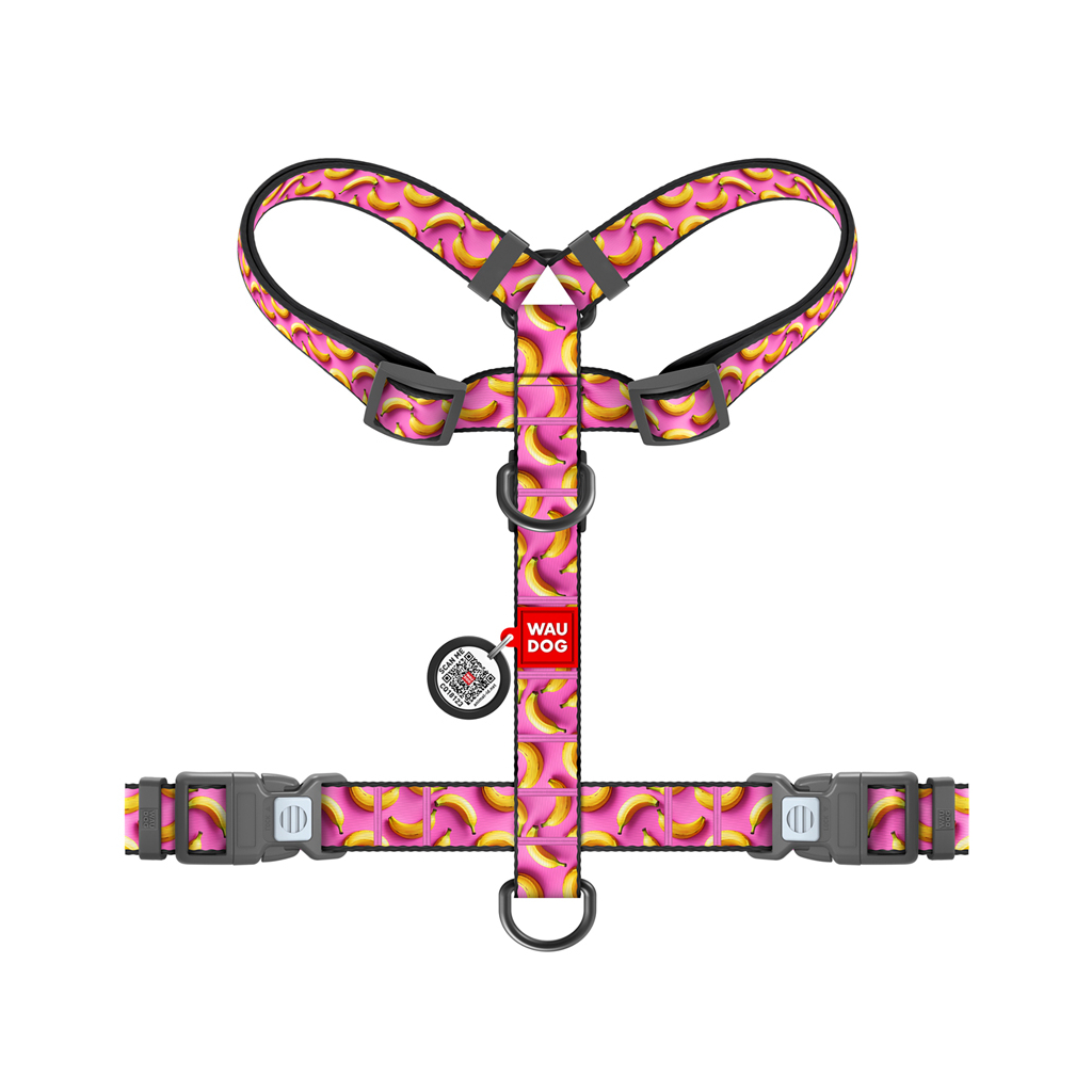 Шлея для собак WAUDOG Nylon анатомічна H-подібна з QR-паспортом "Банани на рожевому" пластиковий фастекс, M (344-4055)