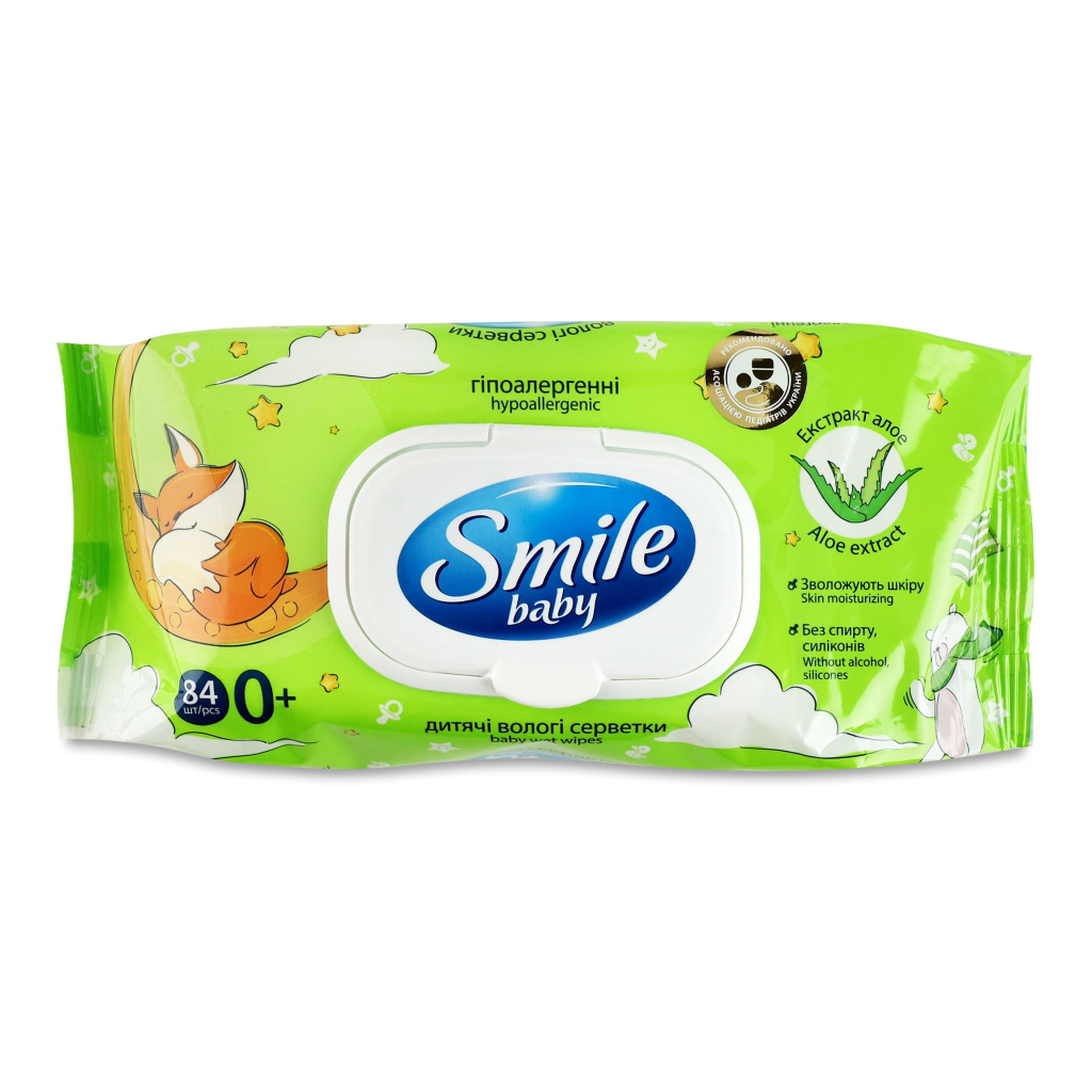 Дитячі вологі серветки Smile baby з алоє, з клапаном, 84 шт (4823071646863) Дитячі вологі серветки Smile baby з алоє, з клапаном, 84 шт (4823071646863)