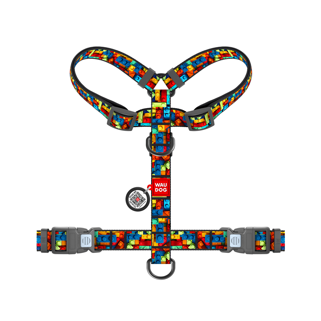 Шлея для собак WAUDOG H-подібна анатомічна Nylon з QR адресником "Блоки" пластиковий фастекс S (343-4056)