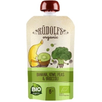 Children's puree Rudolfs Smoothie Kiwi, banana and broccoli with green peas organic 6+, 110 g (4751017943069)
