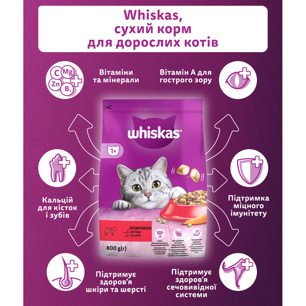 Сухий корм для кішок Whiskas з яловичиною 800 г (5998749144145/5900951294013)