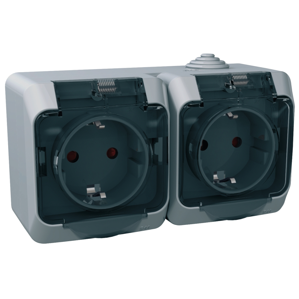 Розетка Schneider Electric CEDAR подвійна 2К+З зі шторками та прозорою кришкою сіра IP44 (WDE000625)