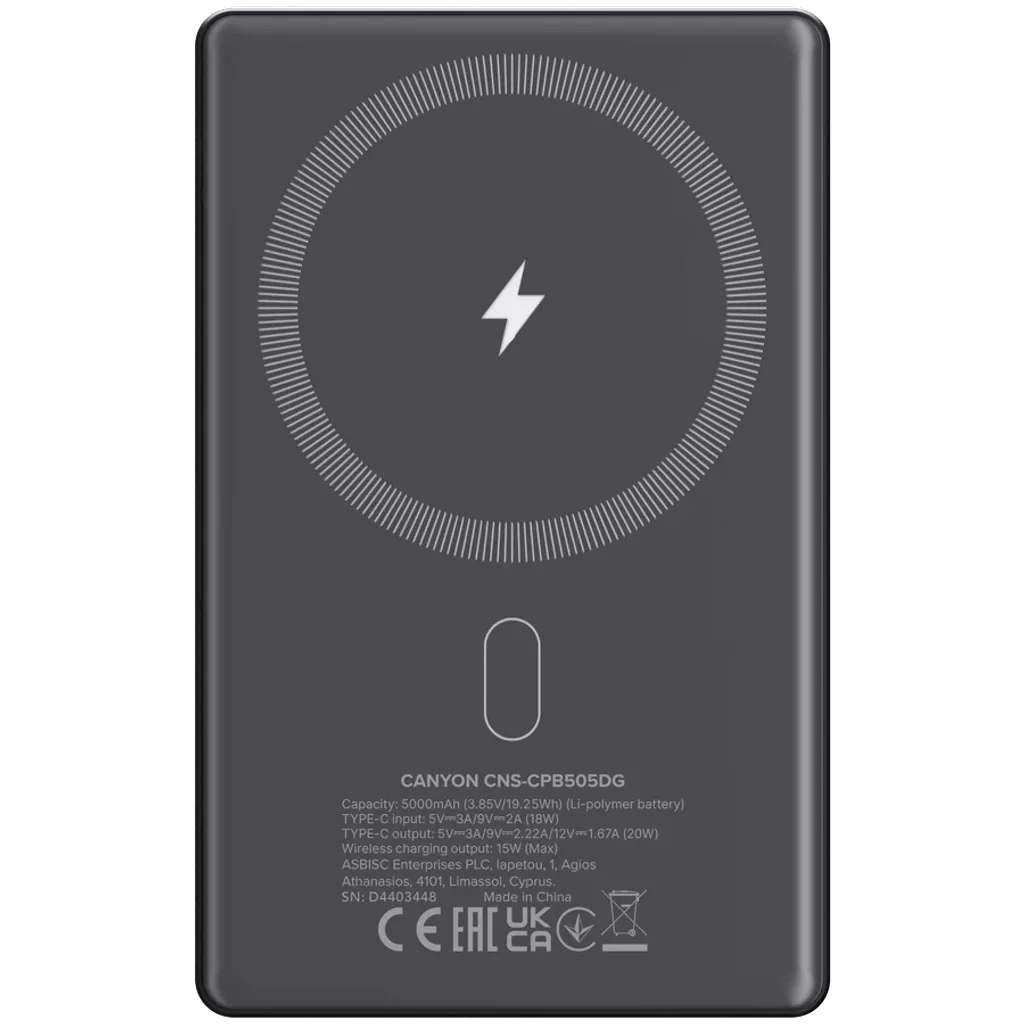 Батарея універсальна Canyon 5000mAh OnPower 505 slim Magsafe PD/20W Dark Grey (CNS-CPB505DG)