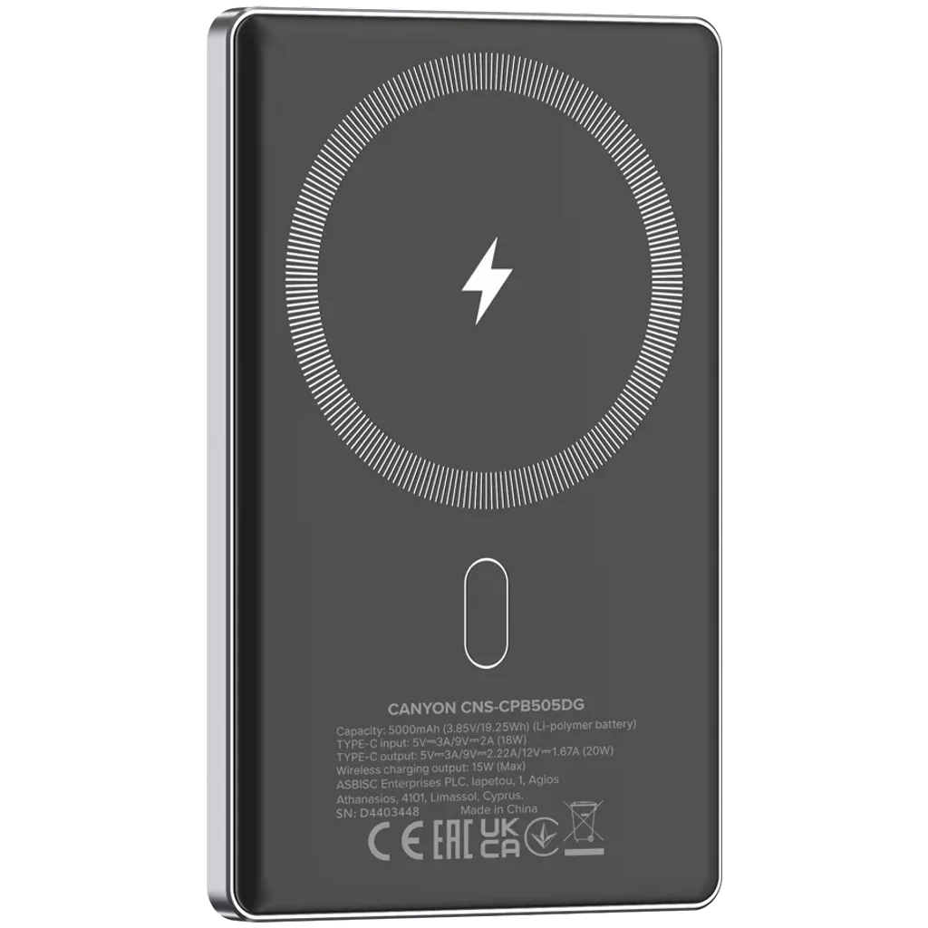Батарея універсальна Canyon 5000mAh OnPower 505 slim Magsafe PD/20W Dark Grey (CNS-CPB505DG)