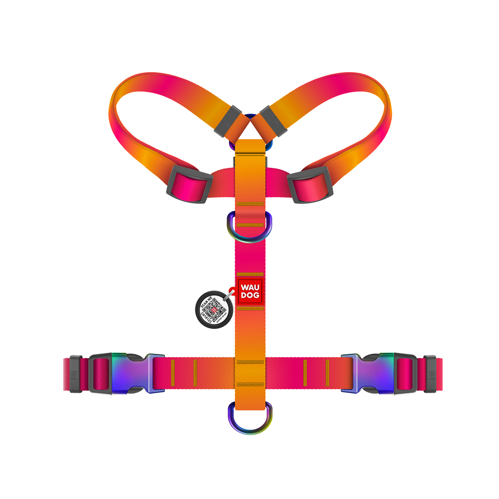 Шлея для собак WAUDOG Nylon Recycled анатомічна H-подібна з QR паспортом, градієнт, L помаранчева (52884)