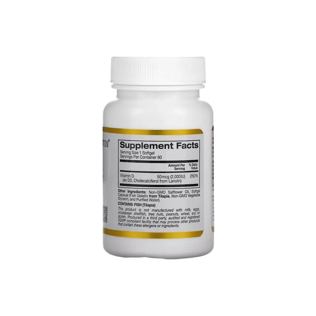 Вітамін California Gold Nutrition Вітамін D3, 2000 МО, Vitamin D3, 90 капсул з риб'ячого желатину (CGN-01179)