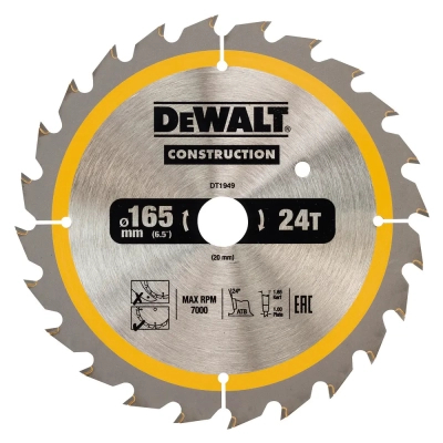 Диск пильний DeWALT CONSTRUCTION 165 х 20 мм, 24z (ATB), 20 гр. (DT1949)