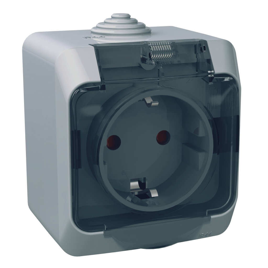 Розетка Schneider Electric CEDAR 2К+С зі шторками та прозорою кришкою серая IP44 (WDE000643)