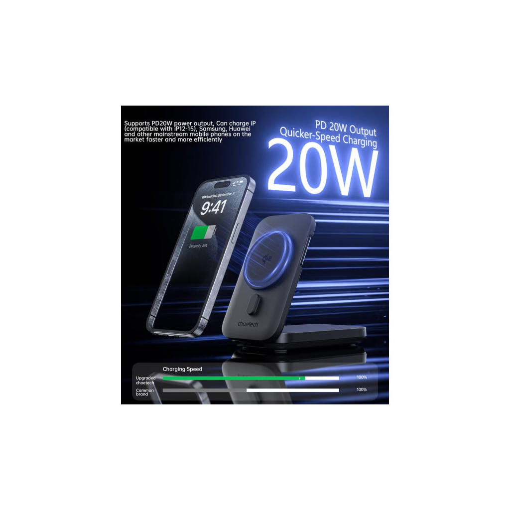 Батарея універсальна Choetech Magnetic Wireless 10000mAh 20W, PD, Qi-2 15W, USB-C, Lightning, Apple Watch charger (B750-CCBK)