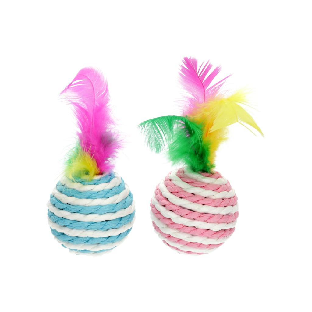 Іграшка для котів Hippie Pet М'ячики з мотузки з пір'ям різнокольорові 4.5 см 2 шт (HIPCTM00180)