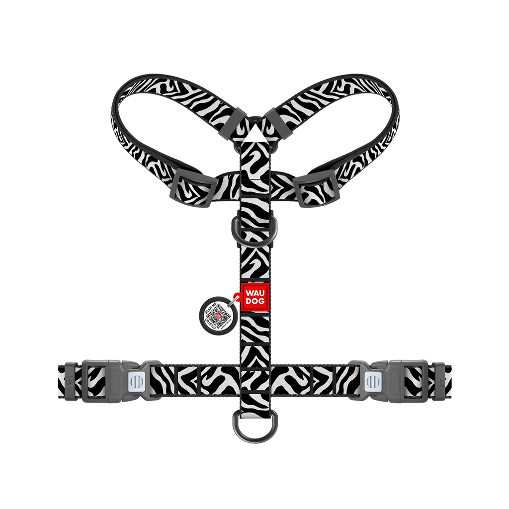 Шлея для собак WAUDOG H-подібна анатомічна Nylon з QR адресником "Зебра" пластиковий фастекс L (345-0055)