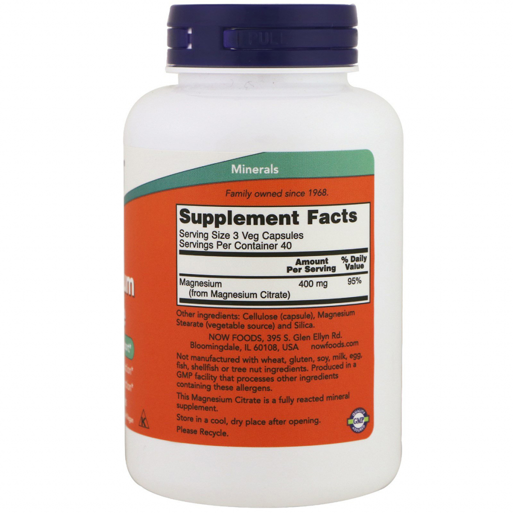 Мінерали Now Foods Цитрат Магнію, Magnesium Citrate, 120 капсул (NOW-01294)