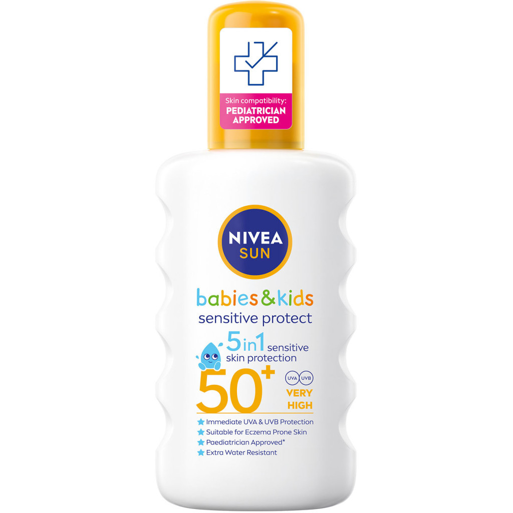 Засіб від засмаги Nivea Sun Babies & Kids Дитячий сонцезахисний спрей Захист для чутливої шкіри SPF 50+ 200 мл (4005900592767/4005900600202)