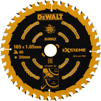 Диск пильний DeWALT EXTREME , 165 х 20, 40 z, ATB, 18 гр. (DT10301)