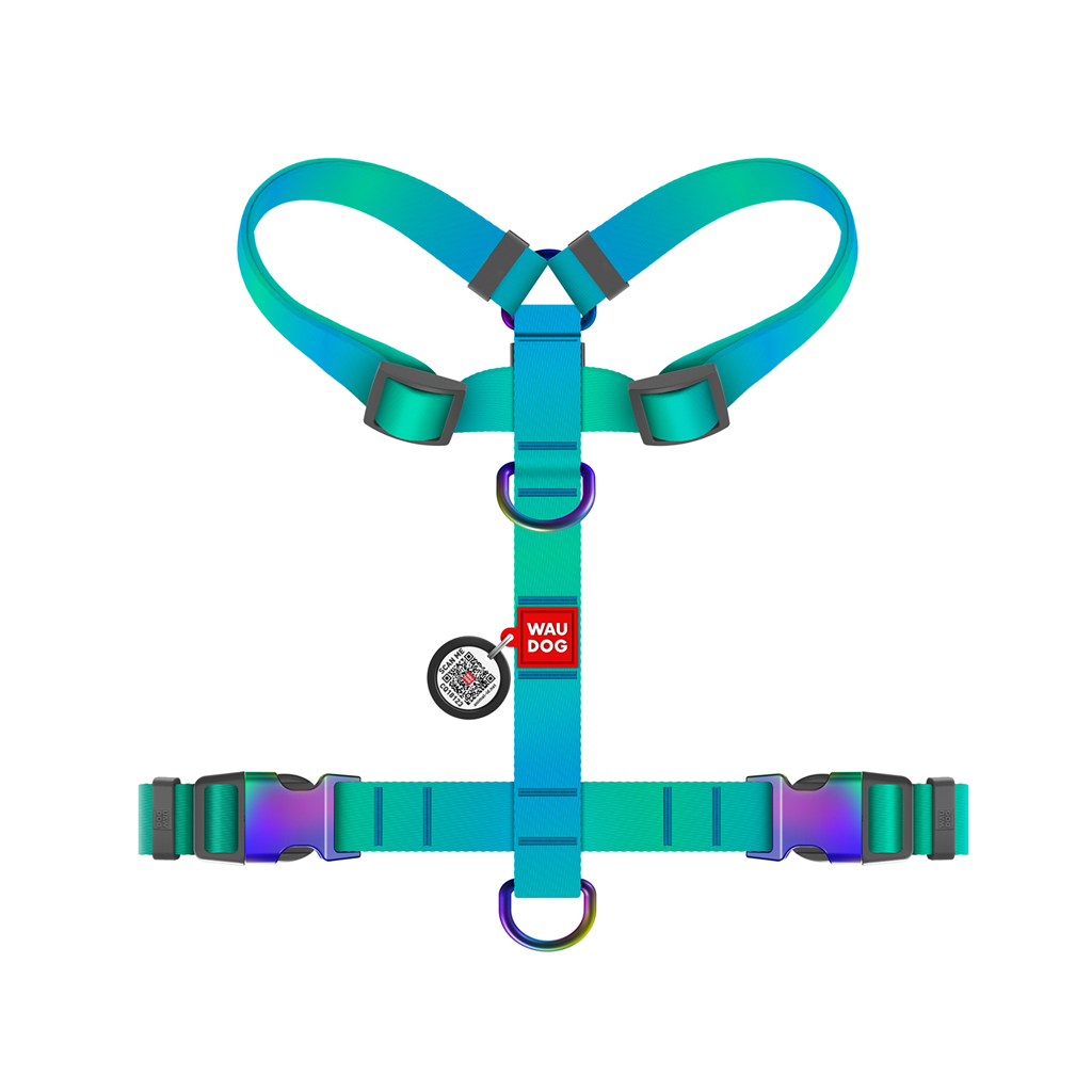 Шлея для собак WAUDOG Nylon Recycled анатомічна H-подібна з QR паспортом, градієнт, M блакитна (52872)