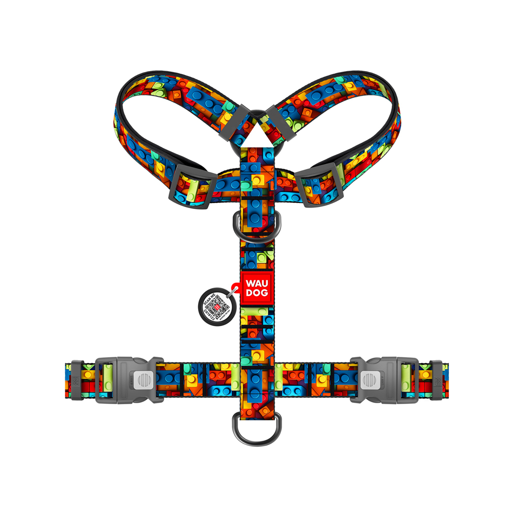 Шлея для собак WAUDOG Nylon анатомічна H-подібна з QR-паспортом "Блоки" пластиковий фастекс, M (344-4056)