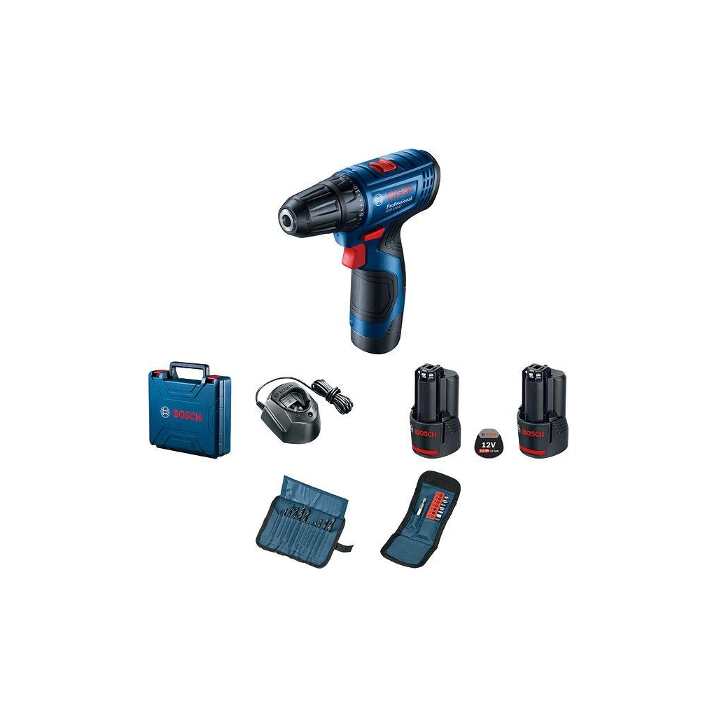 Шуруповерт Bosch GSR 120-LI, 2х2Ач, набір біт 11од і свердел 12од. (0.601.9G8.002)