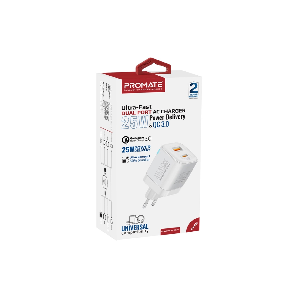 Зарядний пристрій Promate USBC PD25W + USBA QC3.0 18W White (powerport-25ac.white)