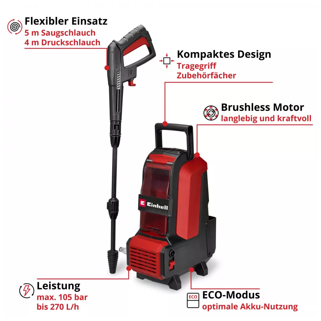 Мийка високого тиску Einhell HYPRESSO 36/105 36V, 105бар, 270л/год, шланг 4м (без АКБ та ЗП) (4140160)