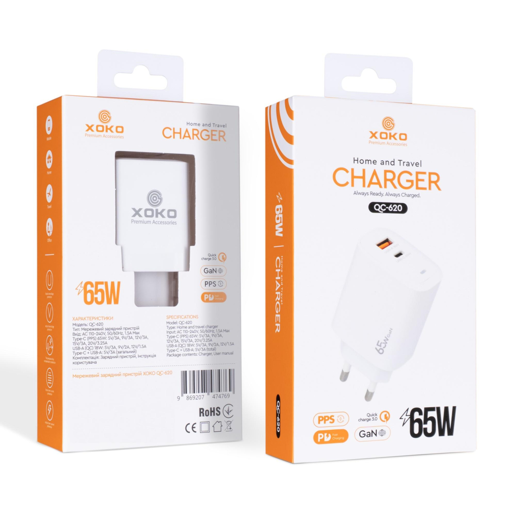 Зарядний пристрій XoKo 1xUSB-C PD65W + 1xUSB QC3.0 GaN white (XK-QC-620)
