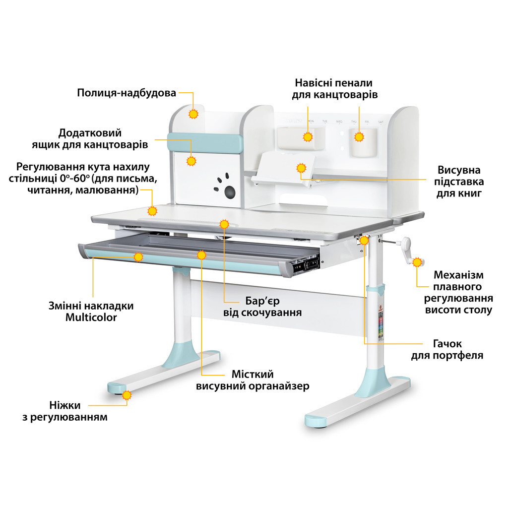 Парта Mealux Edmonton Multicolor BL з полицею (BD-610 W/МС + BL с полкой)