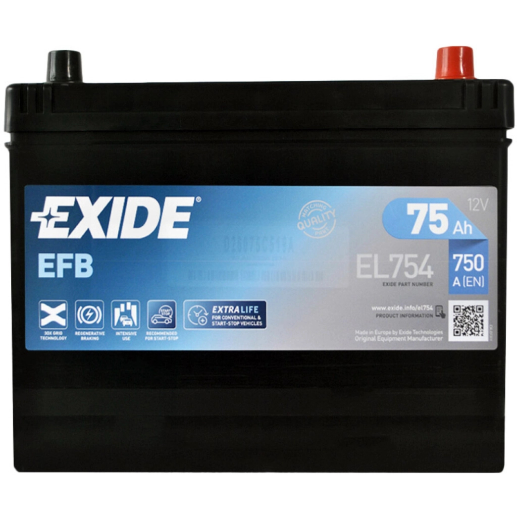 Акумулятор автомобільний EXIDE START-STOP EFB 75Ah ASIA Ев (-/+) (750EN) (EL754) Акумулятор автомобільний EXIDE START-STOP EFB 75Ah ASIA Ев (-/+) (750EN) (EL754)