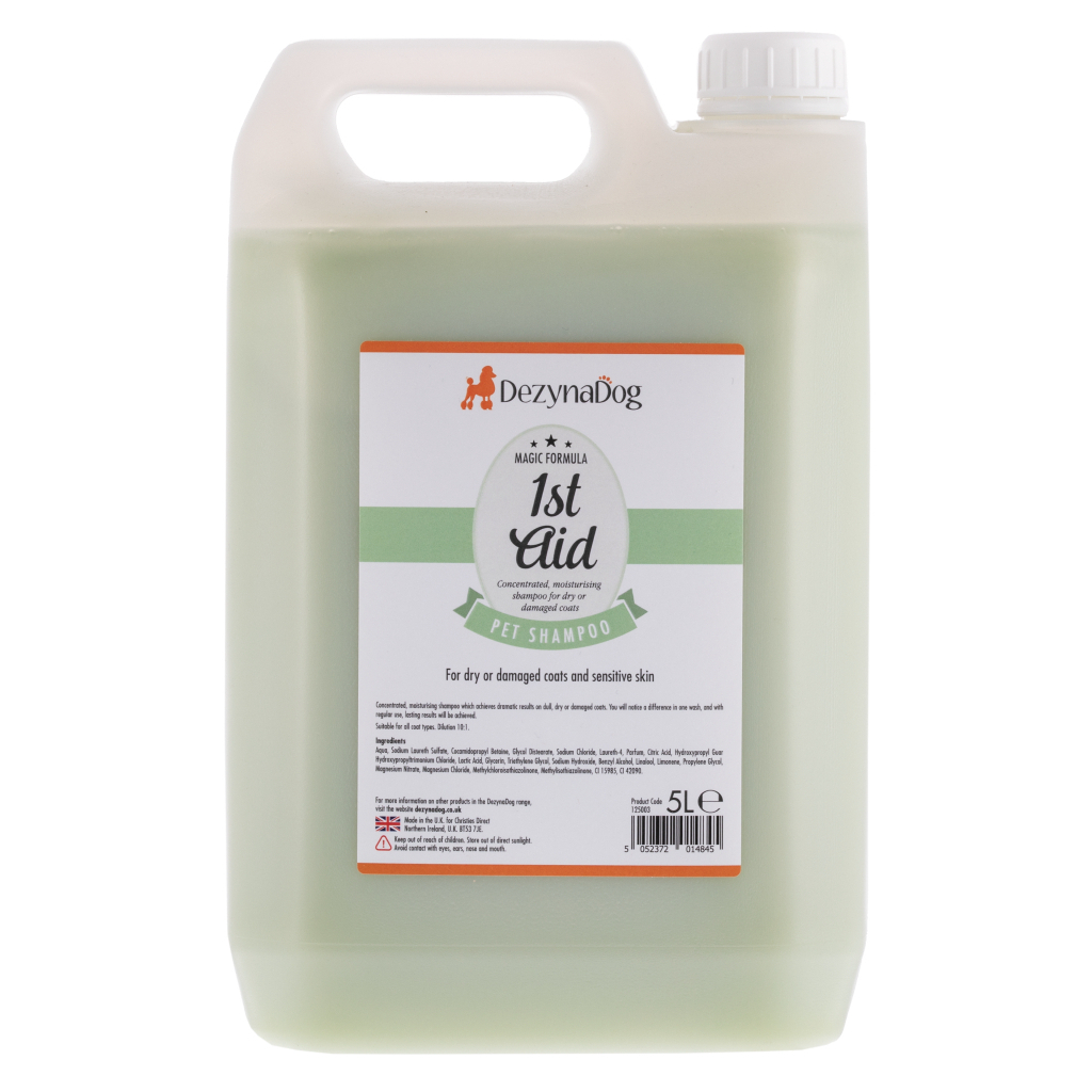 Шампунь для тварин Dezynadog 1St Aid Medicated для лікування сухої пошкодженої шерсті, полегшення свербежу і лущення 5 л (5052372014845)