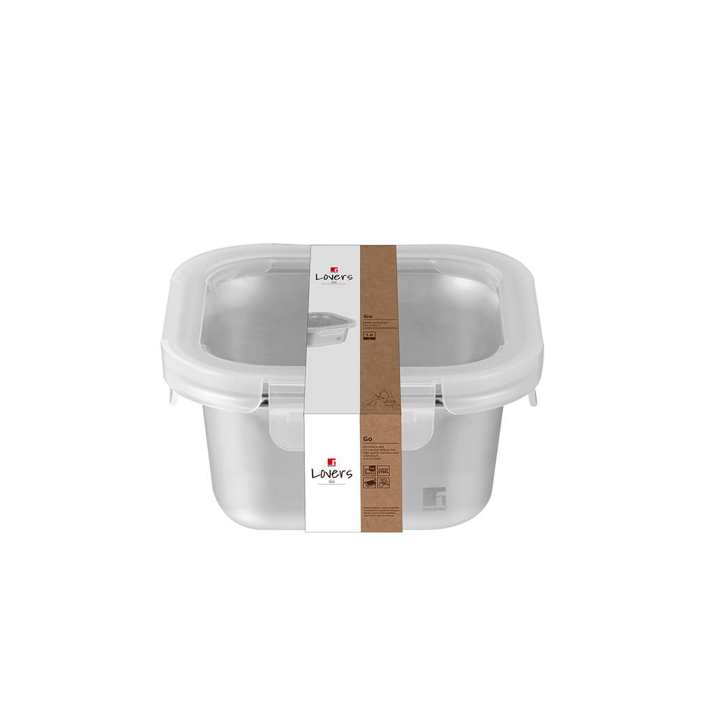 Харчовий контейнер Bergner Go Lovers з нержавіючої сталі квадратний 1,5 л (BG-36314-GY) Харчовий контейнер Bergner Go Lovers з нержавіючої сталі квадратний 1,5 л (BG-36314-GY)