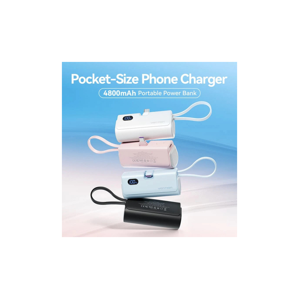 Повербанк VENTION 4800mAh 22,5W PD, USB-C In/Out, LED display, with built-in USB-C cable Black (FHQB0) Повербанк VENTION 4800mAh 22,5W PD, USB-C In/Out, LED display, with built-in USB-C cable Black (FHQB0)