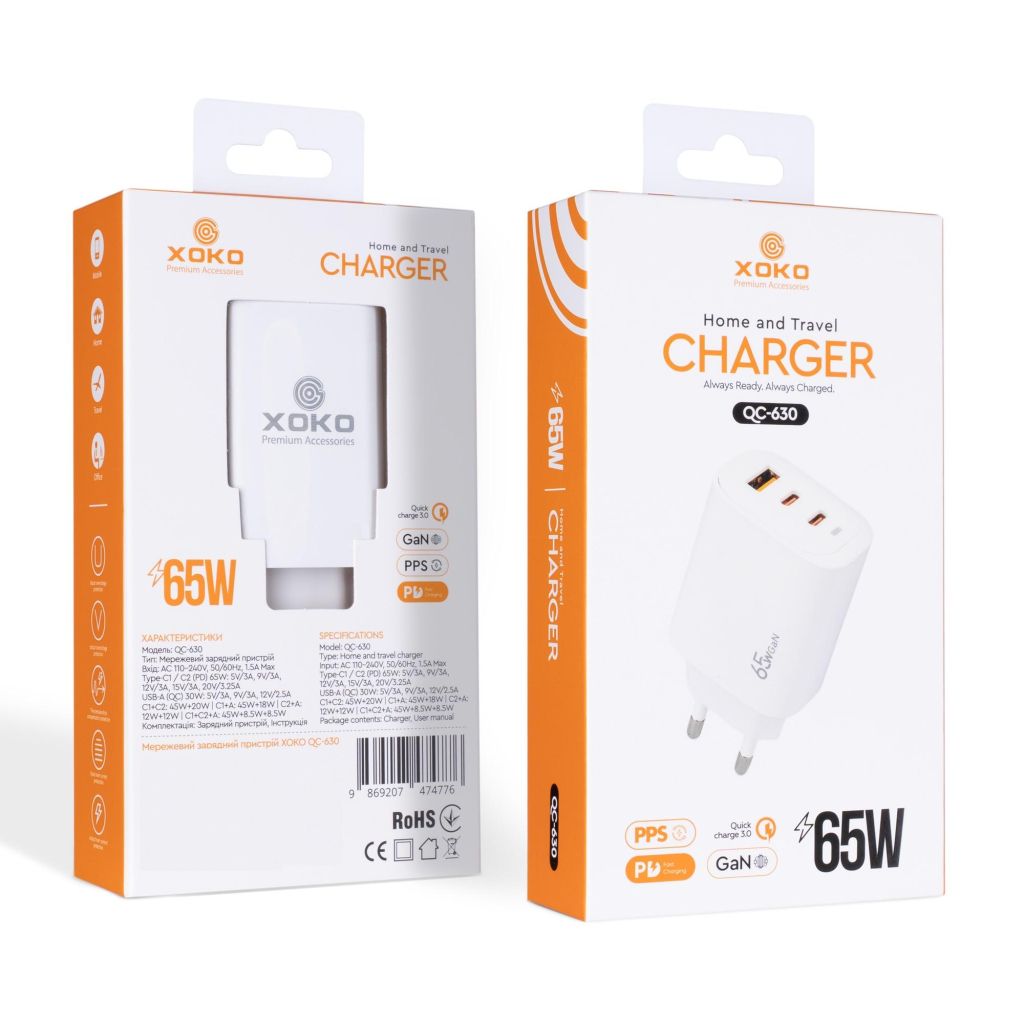 Зарядний пристрій XoKo 2xUSB-C PD65W + 1xUSB QC3.0 GaN white (XK-QC-630)