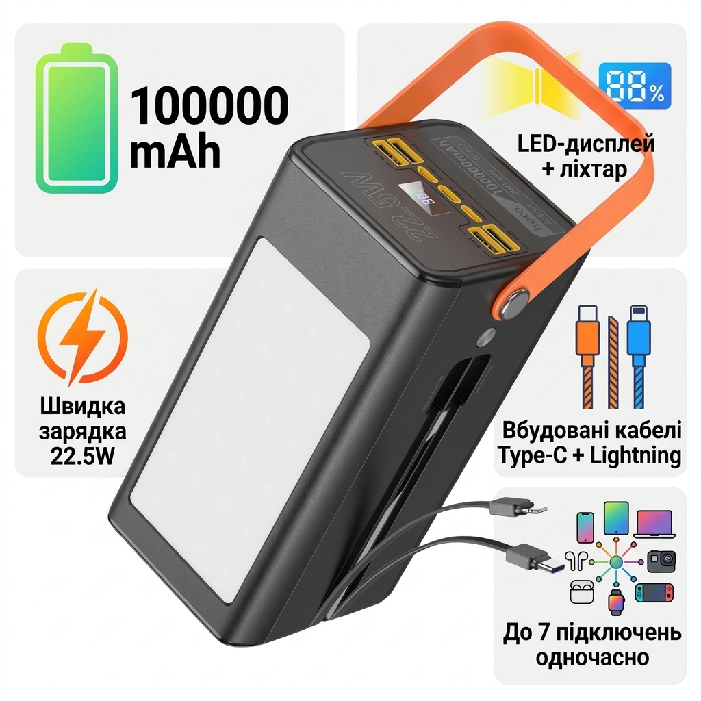 Батарея універсальна HOCO 100000mAh Action 22.5W PD, QC, LED display + flashlight (DB49 / 715352)