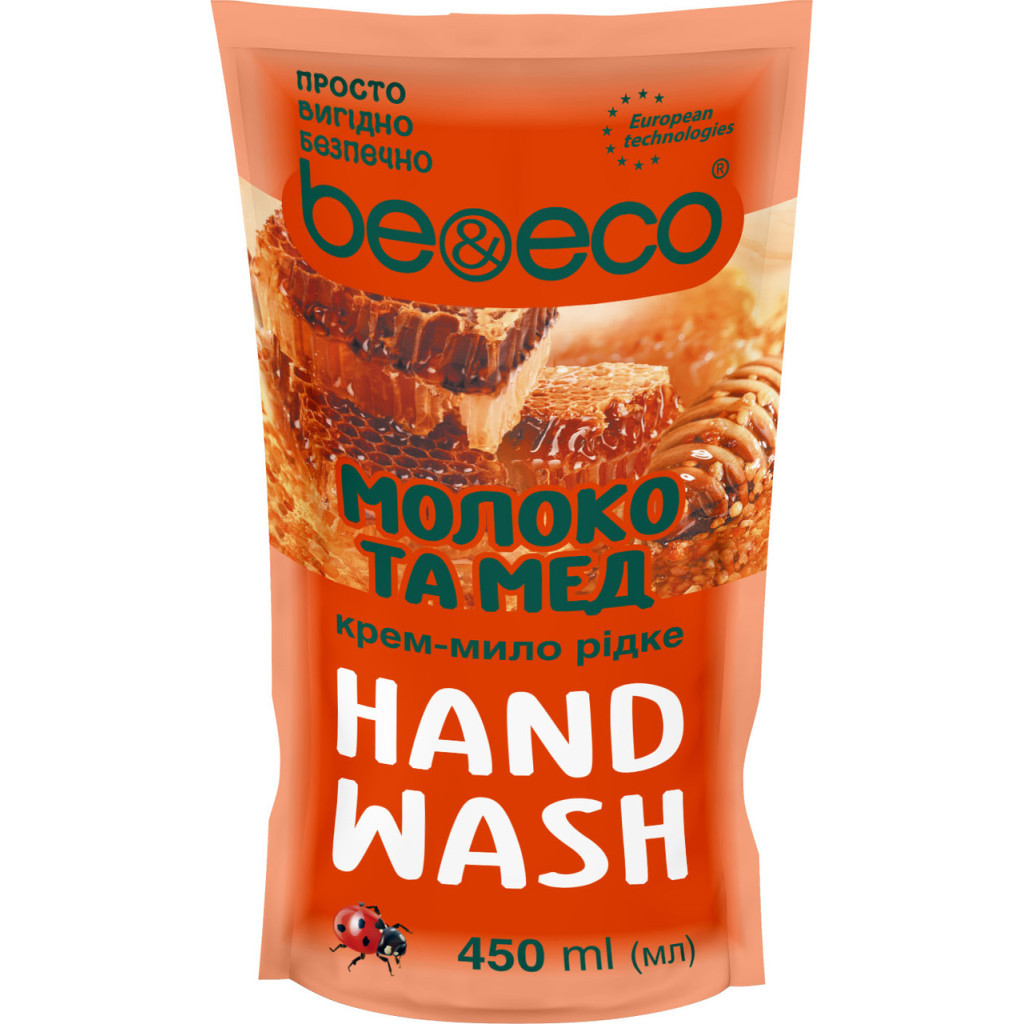 Рідке мило Be&Eco З антибактеріальним ефектом Молоко та мед дой-пак 450 мл (4820168435034)