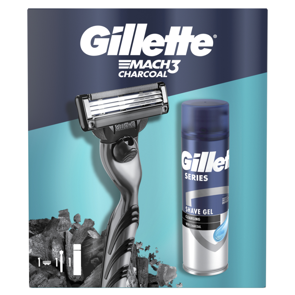 Набір косметики Gillette Mach3 Станок для гоління Charcoal з 1 змінним картриджем + Гель для гоління 200 мл (8700216566469)